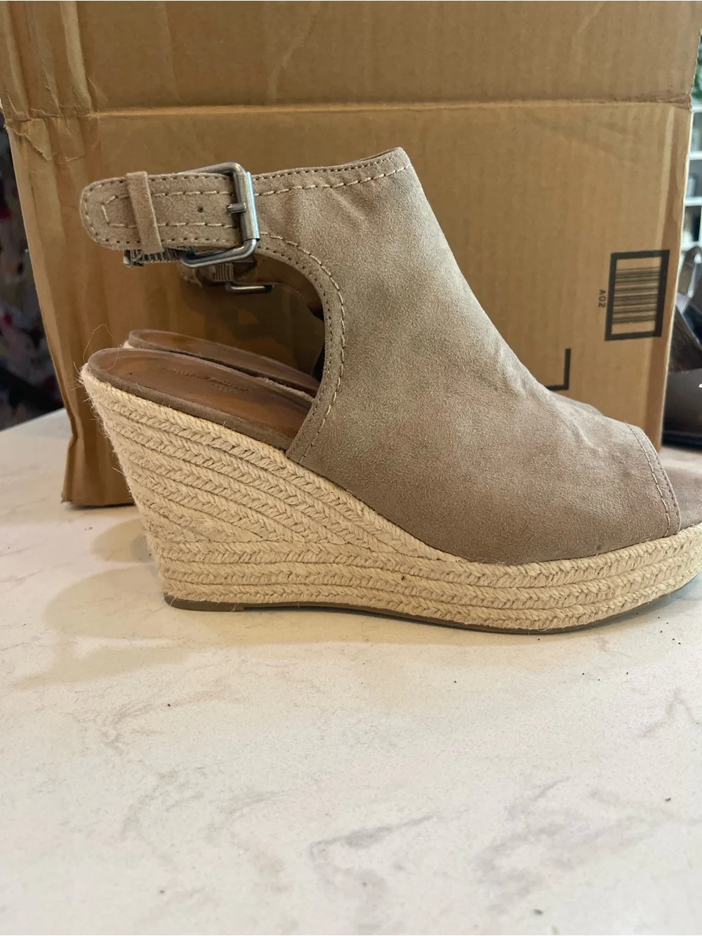 Taupe Open-Toe Suede Wedge Sandals with Ankle Strap
